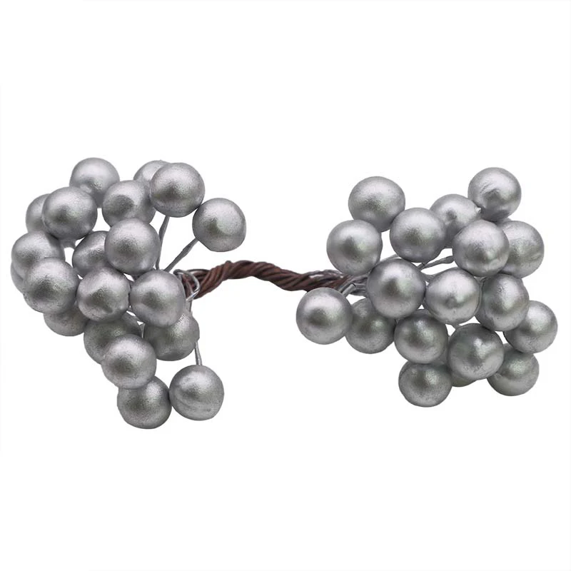 Silver Artificial Flower Cherry Stamen Berries Bundle New Year Xmas Decoration For DIY Christmas Wedding Cake Gift Box Wreaths