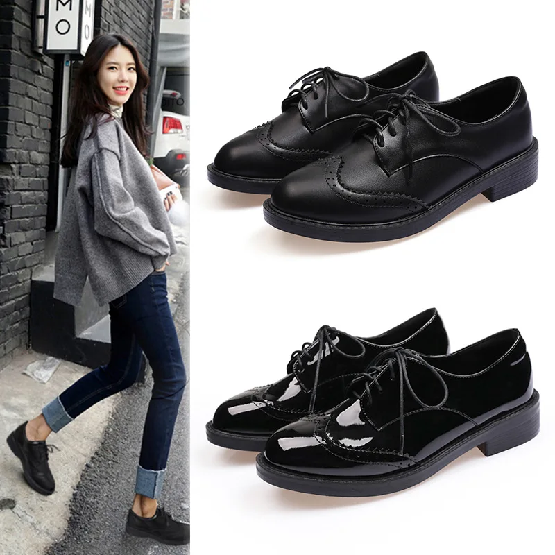 

Small Leather Shoes Women's 2019 New Style Autumn And Winter plus Velvet Chunky-Heel Flat England College Style Lace-up Shoes Bu