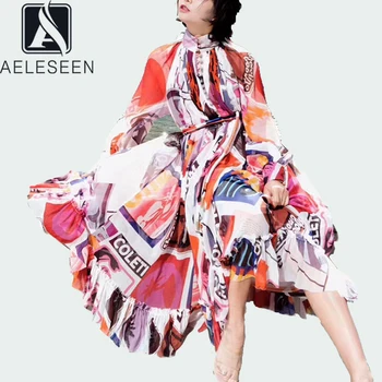 

AELESEEN Beach Long Summer Dress Women Long Sleeve Runway Fashion Turtleneck Flower Letter Print Bohemain Casual Party Dress