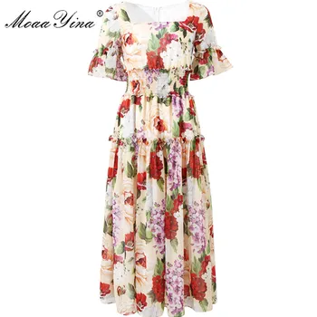 

MoaaYina Fashion Designer dress Summer Women Dress Short sleeve Elastic waist Floral-Print Vacation Chiffon Dresses