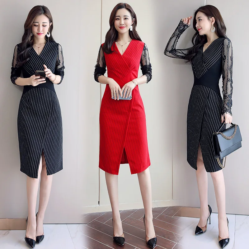 

2019 Spring And Autumn New Style WOMEN'S Dress Lace Long-sleeved Dress Korean-style Slimming Elegant Ol Sheath Spring Clothing S