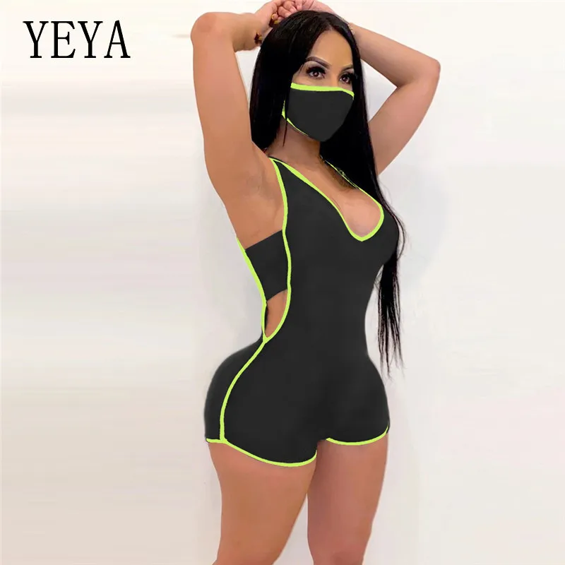 

YEYA Solid Side Cut Out Bodycon Short Jumpsuits Womens Playsuit Sleeveless Skinny Rompers V Neck Hooded Overalls Party Clubwear