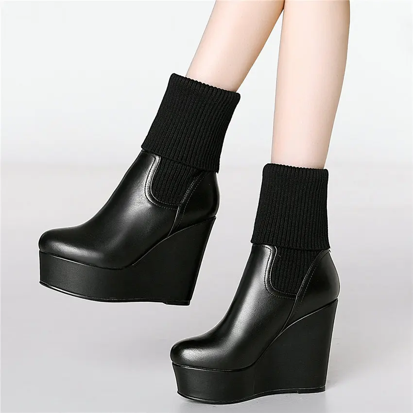 Punk Oxfords Shoes Women Cow Leather Wedges Super High Heel Platform Winter Pumps Round Toe Hight Top Punk Sneakers Casual Shoes