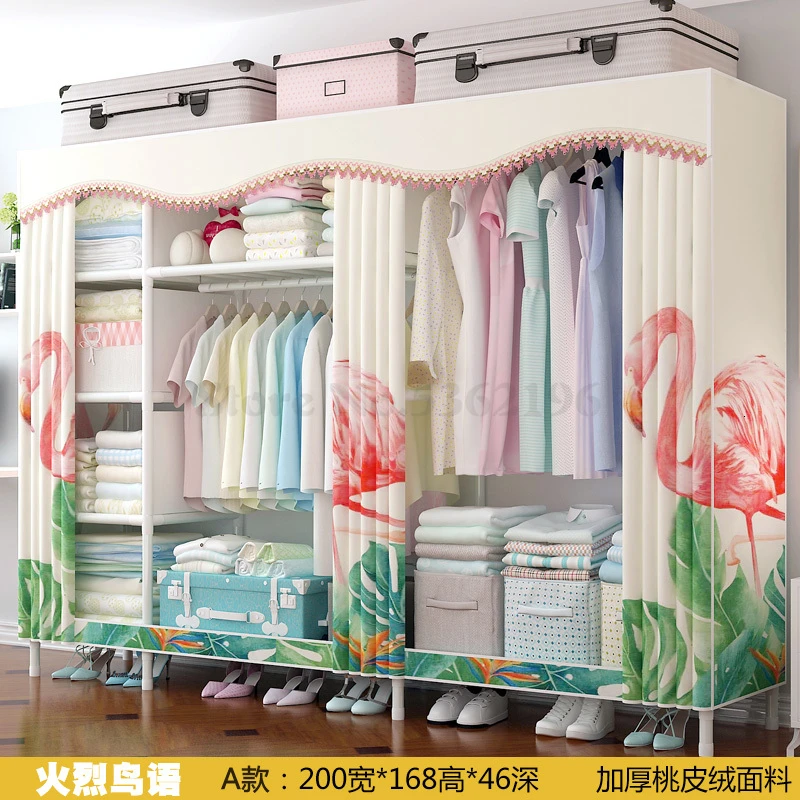 Wardrobe Simple Cloth Wardrobe Steel Pipe Thickening Reinforcement Thickening Assembly Double Steel Frame Storage Wardrobe - Цвет: Кофе