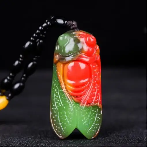 Mode Couleur Cigale Jade Pendentif Collier Bijoux Chinois Sculpté À La