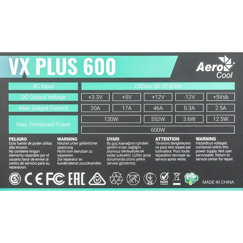 Блок питания Aerocool ATX 600W VX PLUS 600W(24+4+4pin) 120mm fan 3xSATA RTL
