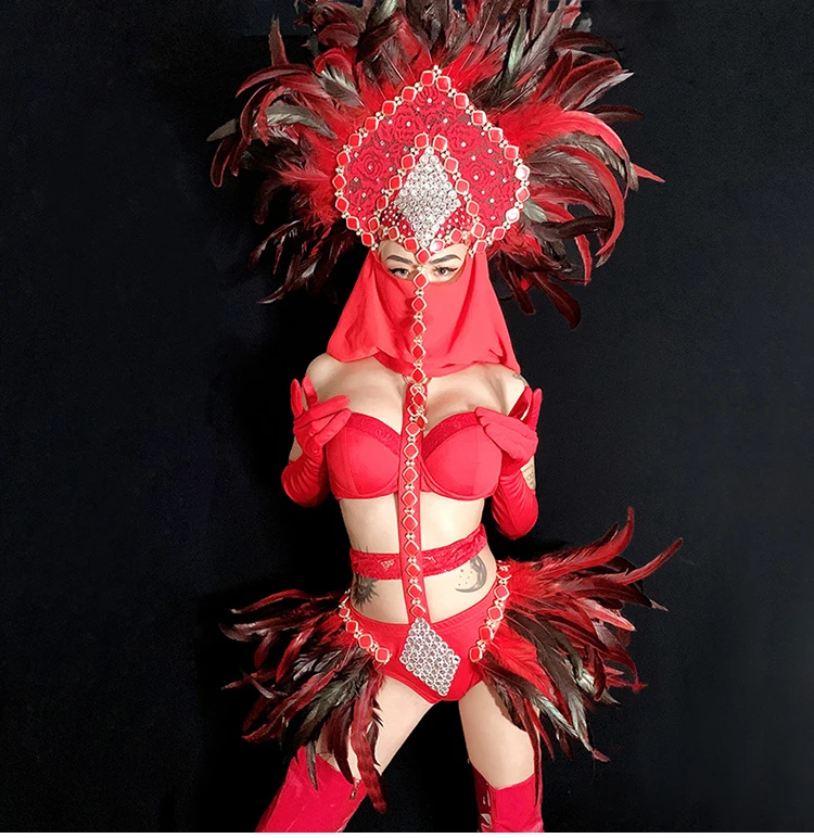 Red DS Bikini Ночной клуб Костюм Производительность Высокие Шорты Сценический Костюм Перо Ночной Клуб Танцевальная Одежда Сексуальная одежда
