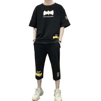 

Summer Round Neck T-shirt Men's Casual Cropped Trousers Korean Slim Fashion Print Sports Suit Male Streetwear Hip Hop Clothes
