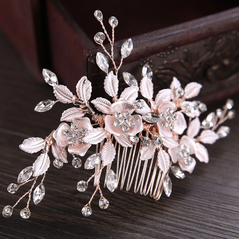 Rose gold Новинка в стиле барокко свадебные женские Стразы волос обручальное кольцо из розового золота с цветочным принтом повязка на голову, Модные ручной работы, со стразами гребень для волос для девочек заколки для волос - Окраска металла: Rose gold