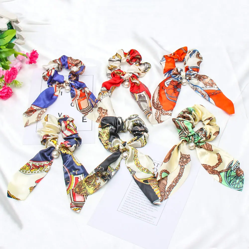 6Pcs Women Vintage Silk Hair Scrunchies With Pearl Print Rabbit Ear Scrunchie For Girls Hair Ties Holder Gum Hair Accessories