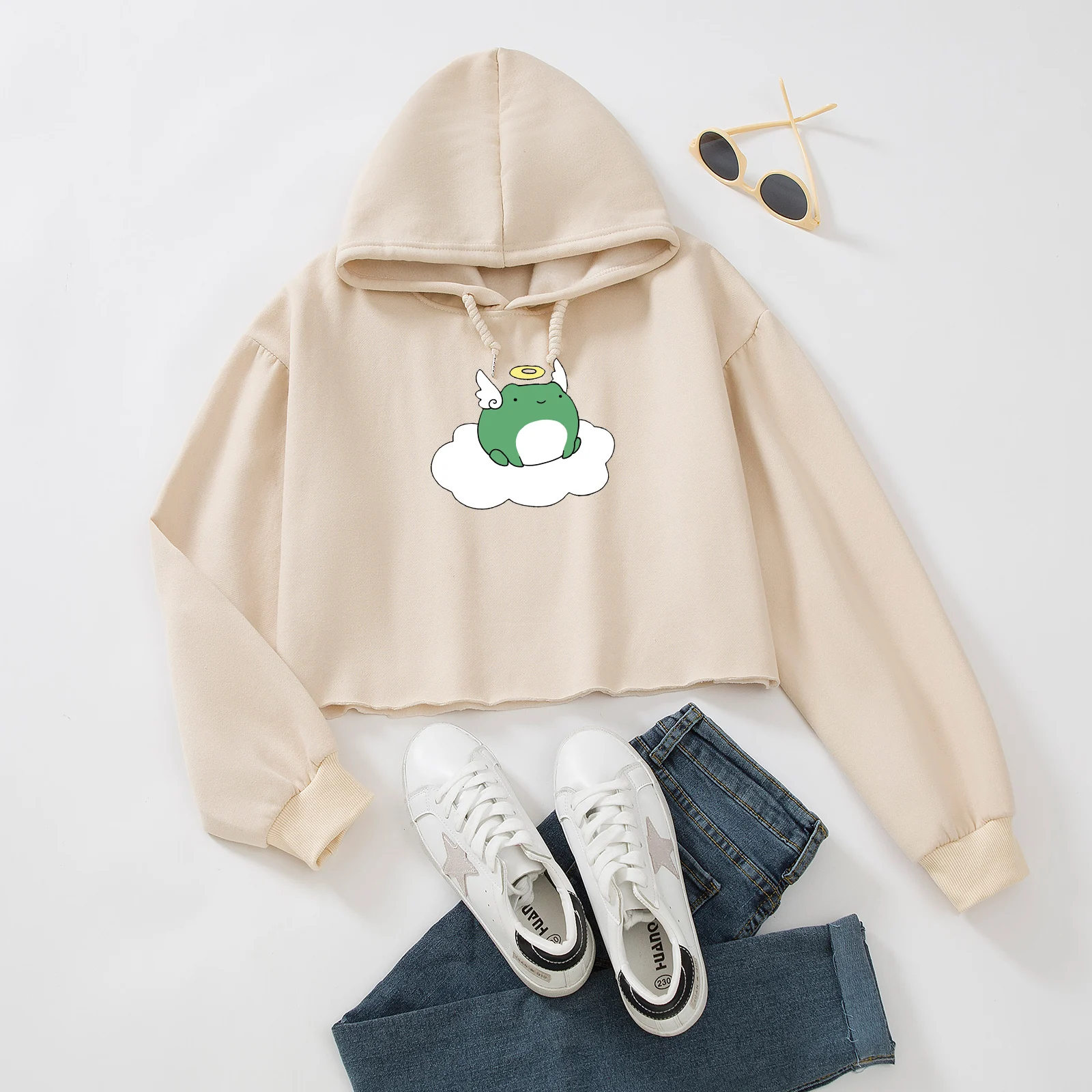 

Fall 2021 Women Cropped Hoodie Cute Angel Frog Cartoon Printing Oversized Pullover Sweatshirt Drawstring Crop Top Kawaii Style
