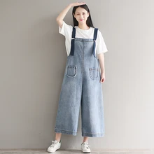 Джинсовые комбинезоны для девочек школьного возраста, Свободный комбинезон с широкими штанинами, винтажный Модный джинсовый комбинезон с карманами