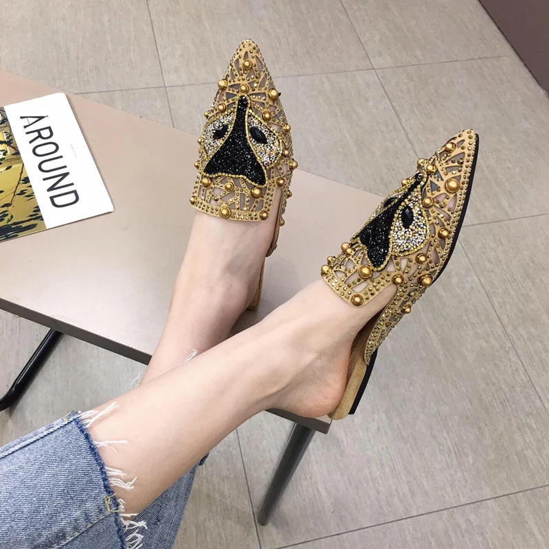 Fox Design Mules Shoes Women Flat Slippers Pointed Toe Rhinestone Rivet Stud Ladies Luxury Loafers Slip On Wedding Party Shoe