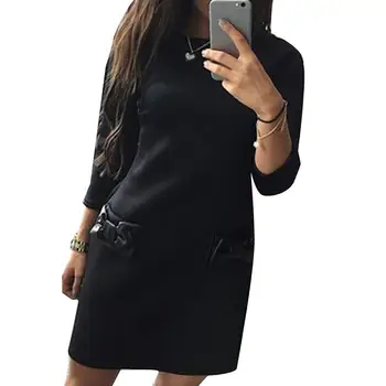 

Fashion Women Solid Color Bowknot Pocket 3/4 Sleeve Round Neck Mini Party Dress