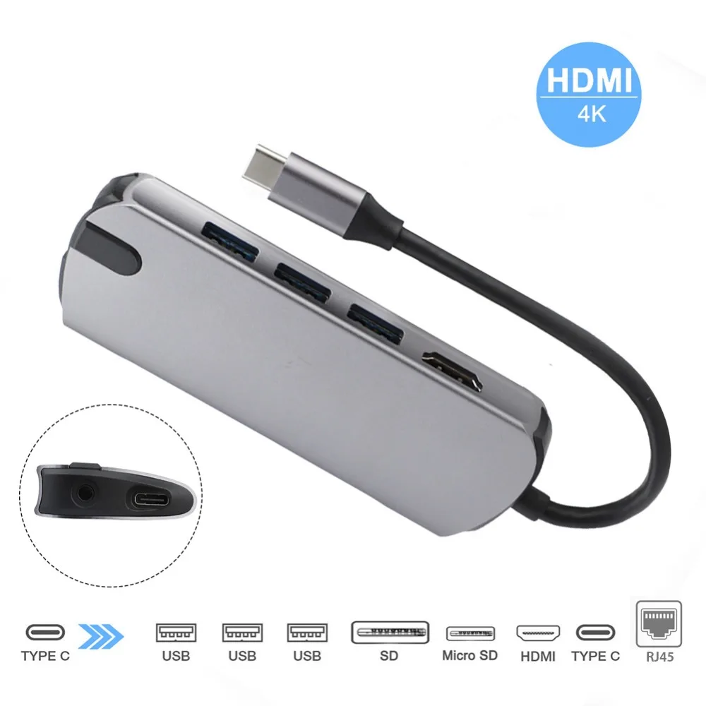 Мультихаб USB C концентратор для мультихаба USB 3,0 HDMI 4K зарядка SD кард-ридер USB-C концентратор type-C Разветвитель RJ45 адаптер для Macbook Pro