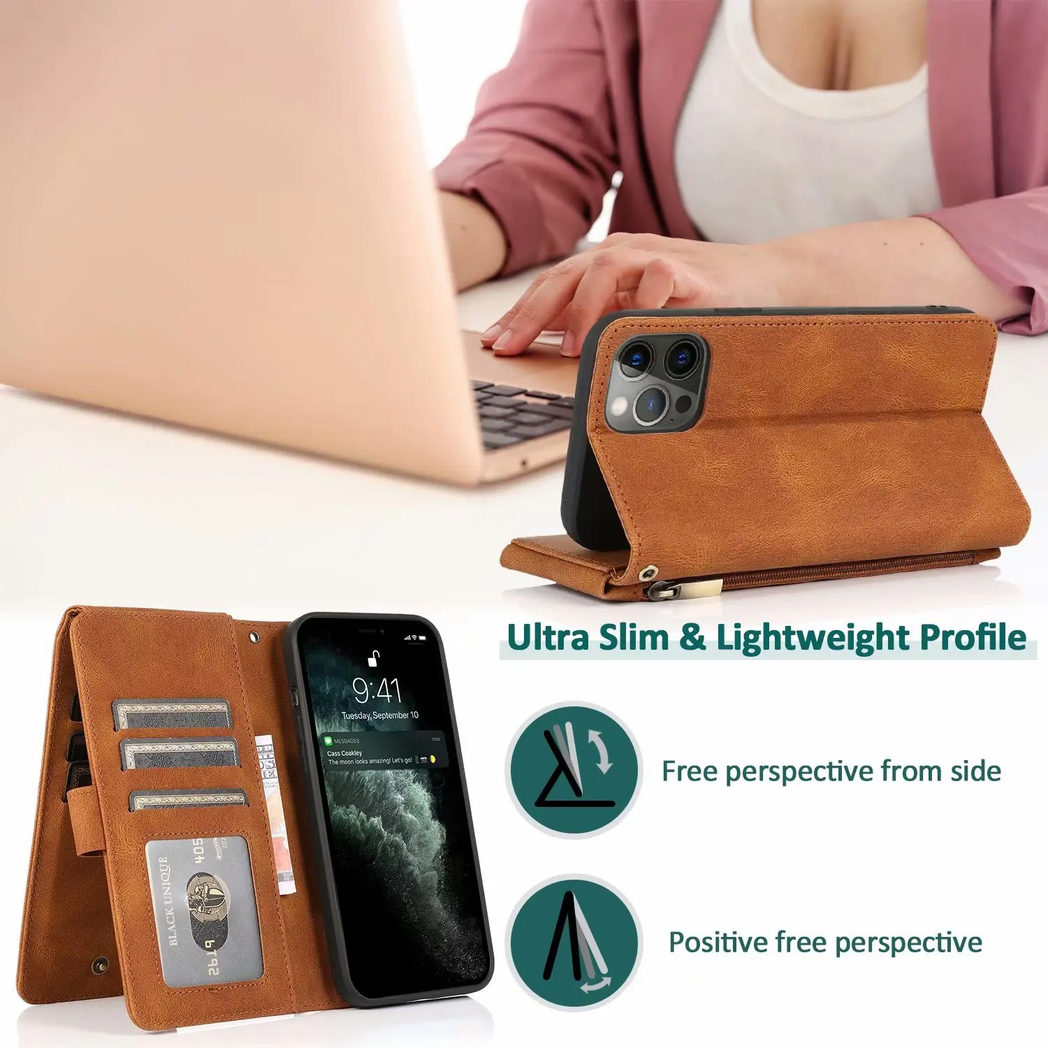 Ultra Thin Zipper Wallet with 8 Card Slots & Magnetic Flip Leather Case