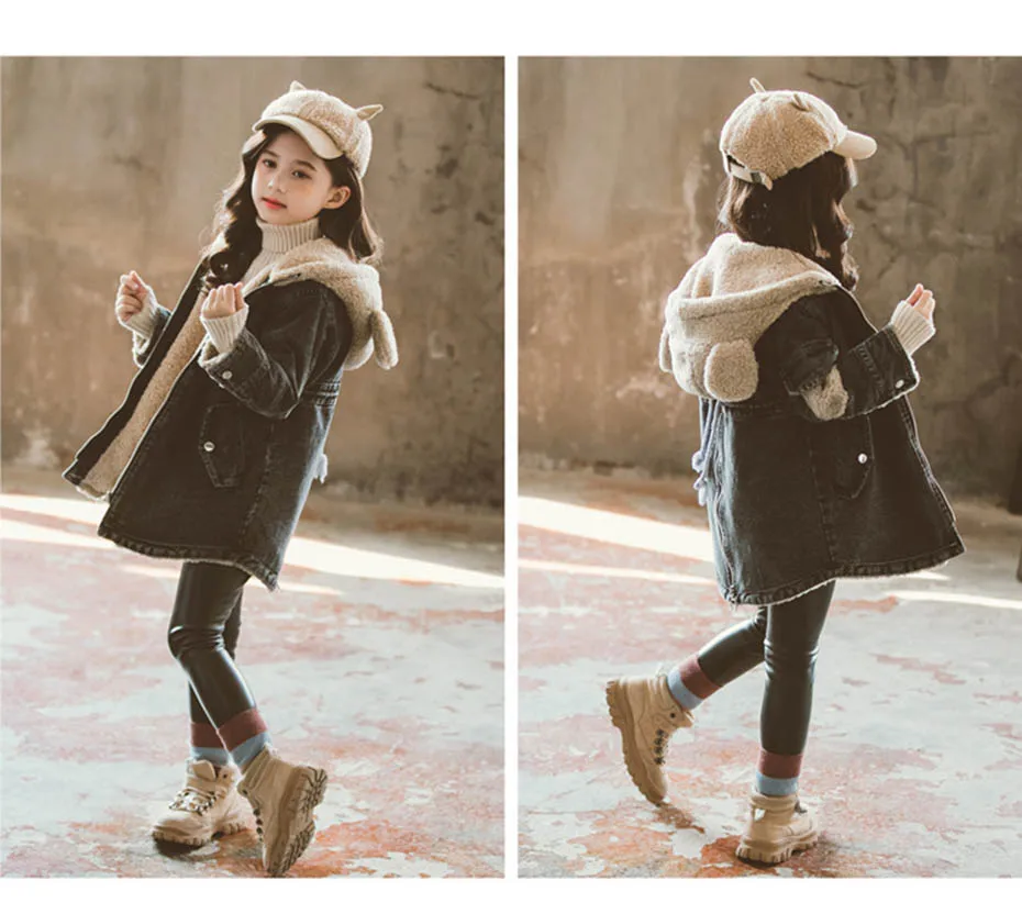 Kids Jacket Thick Plus Velvet Denim Jacket For Girls Patchwork Hooded Children's Windbreakers Fashion Girls Winter Clothes Party