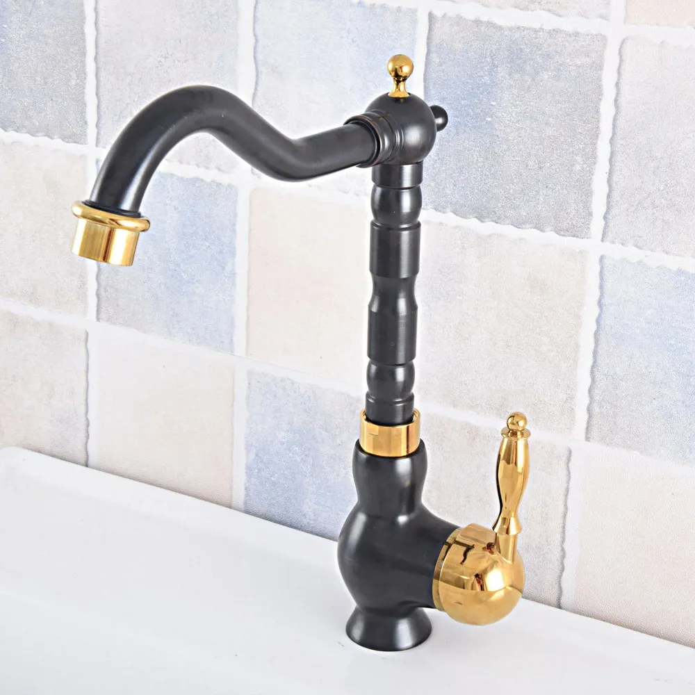 

Black & Gold Color Brass Swivel Spout Single Handle Lever Kitchen Wet Bar Bathroom Vessel Sink Faucet Mixer Tap One Hole asf792