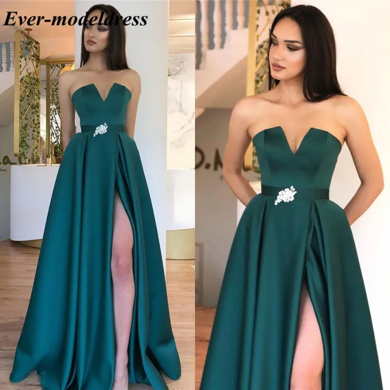 Robe De Soriee темно-зеленые платья для выпускного вечера с Боковым Разрезом без бретелек на шнуровке сзади А-силуэта арабские вечерние платья по индивидуальному заказу дешево
