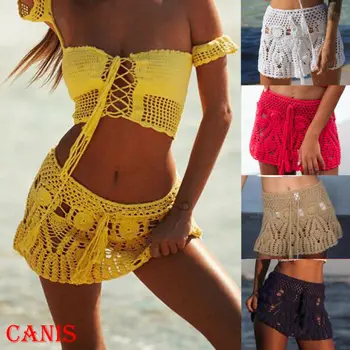 

New Women Swim Skirt Ladies Bikini Short Knit Skirt Swimwear Beach Mini Dress Sexy Lady Floral Lace Crochet Beach Cover Up Skirt