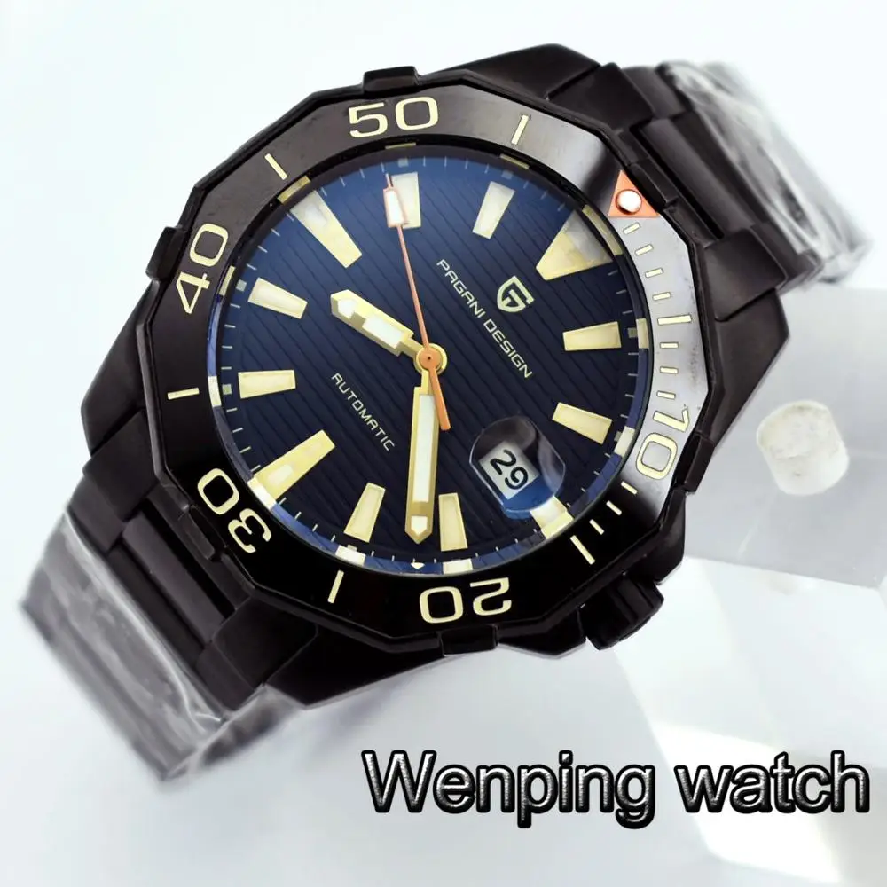 Pagani Дизайнерские мужские топовые механические часы 47 мм, черный чехол, керамический ободок, синий циферблат, мужские деловые наручные часы