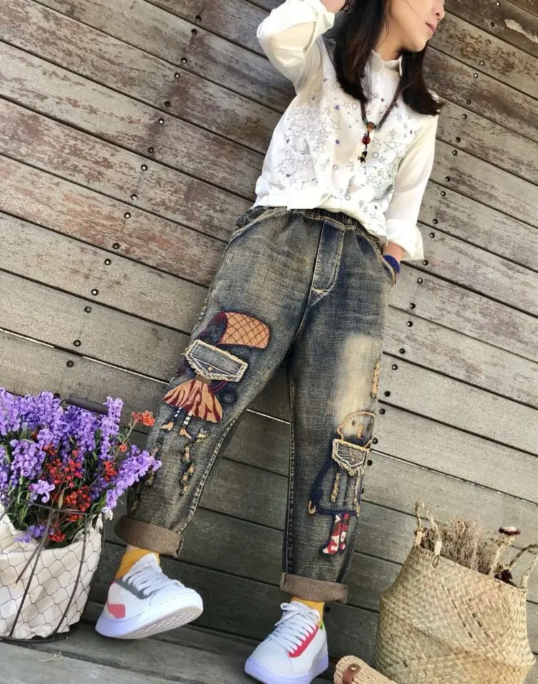 

Spring and Autumn Retro Literary Cartoon Robot Embroidered Denim Pants Loose Tide Women's Pants