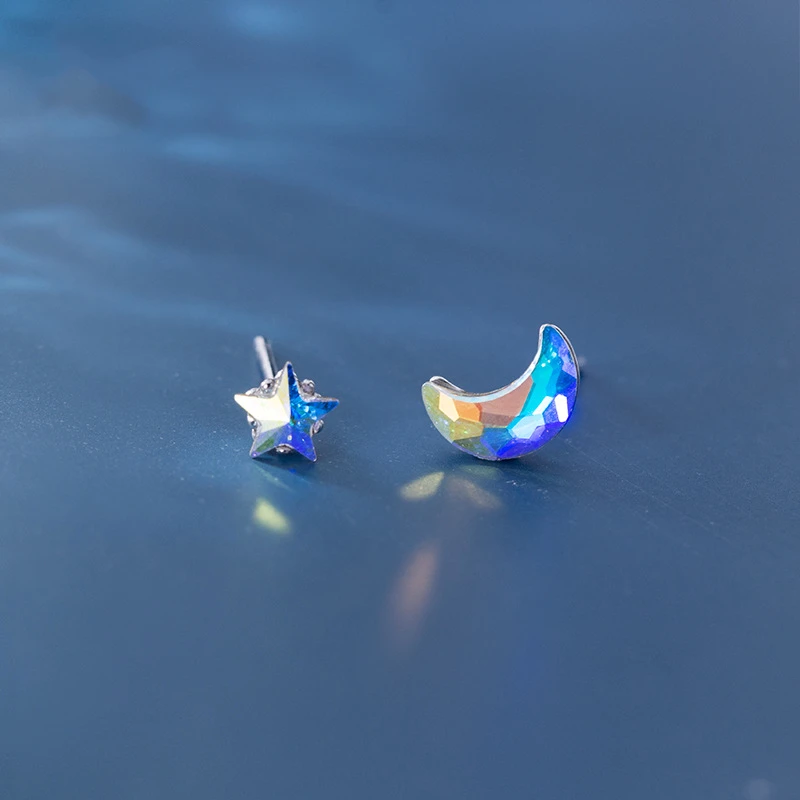 

Bbabydxudzhi 925 Sterling Silver Asymmetric Aurora Color Crystal Star Moon Stud Earrings For Women Girls Fashion Jewelry