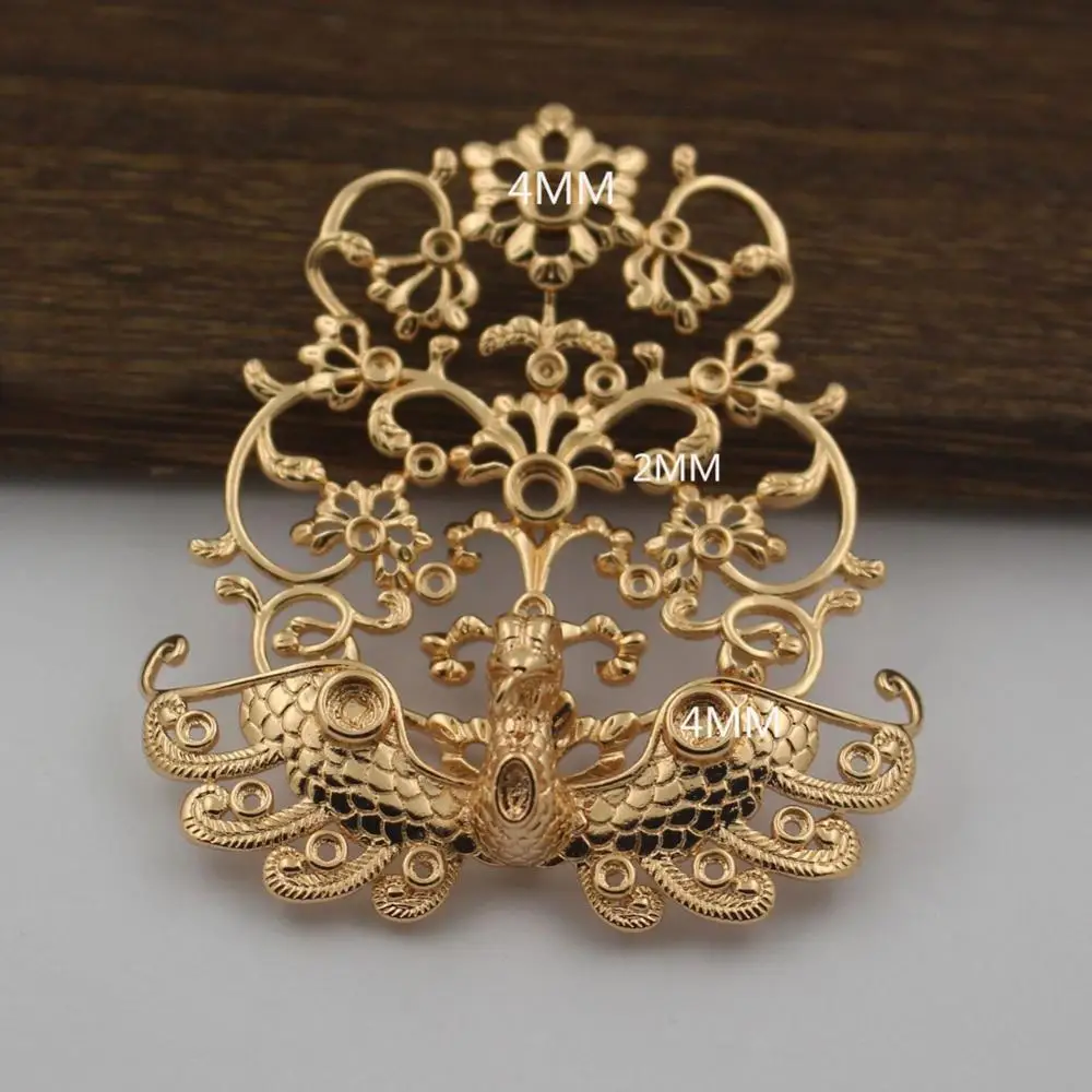Gold color 6 шт. латунный литой филигранный цветок Феникс кулон восточные амулеты кабошоны основа фурнитура DIY Свадебные украшения для волос изготовление - Цвет: Gold color