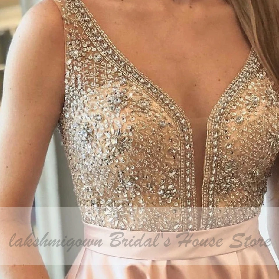 Vestidos de Gala, атласное платье, вечерние платья,, Элегантное длинное женское розовое платье для выпускного вечера с карманами, топ со стразами и бисером