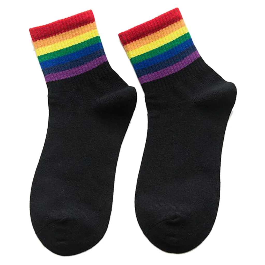 

Women Girls Spring College Style Thread Rib Trim Long Crew Socks Gradient Rainbow Color Stripes Printed Cotton Hosiery 6 Styles