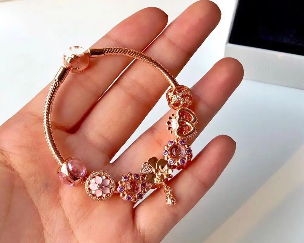 

Keris High Quality Original 1:1 100%925 Sterling Silver Car Rose Gold Magnolia Heart Bracelet Free Shipping