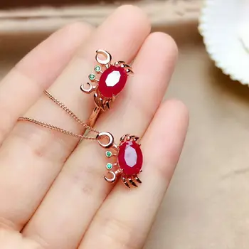

MeiBaPJ New Burned Natural Ruby Fine Wedding Jewelry Sets 925 Silver Fashion Crab Ring Pendant Necklace Two-piece Suite