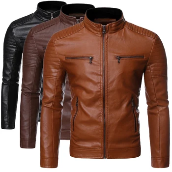 Men's Leather Jacket Motorcycle Casual PU Coats Fashion Slim Coat Men Zipper Solid Male 1