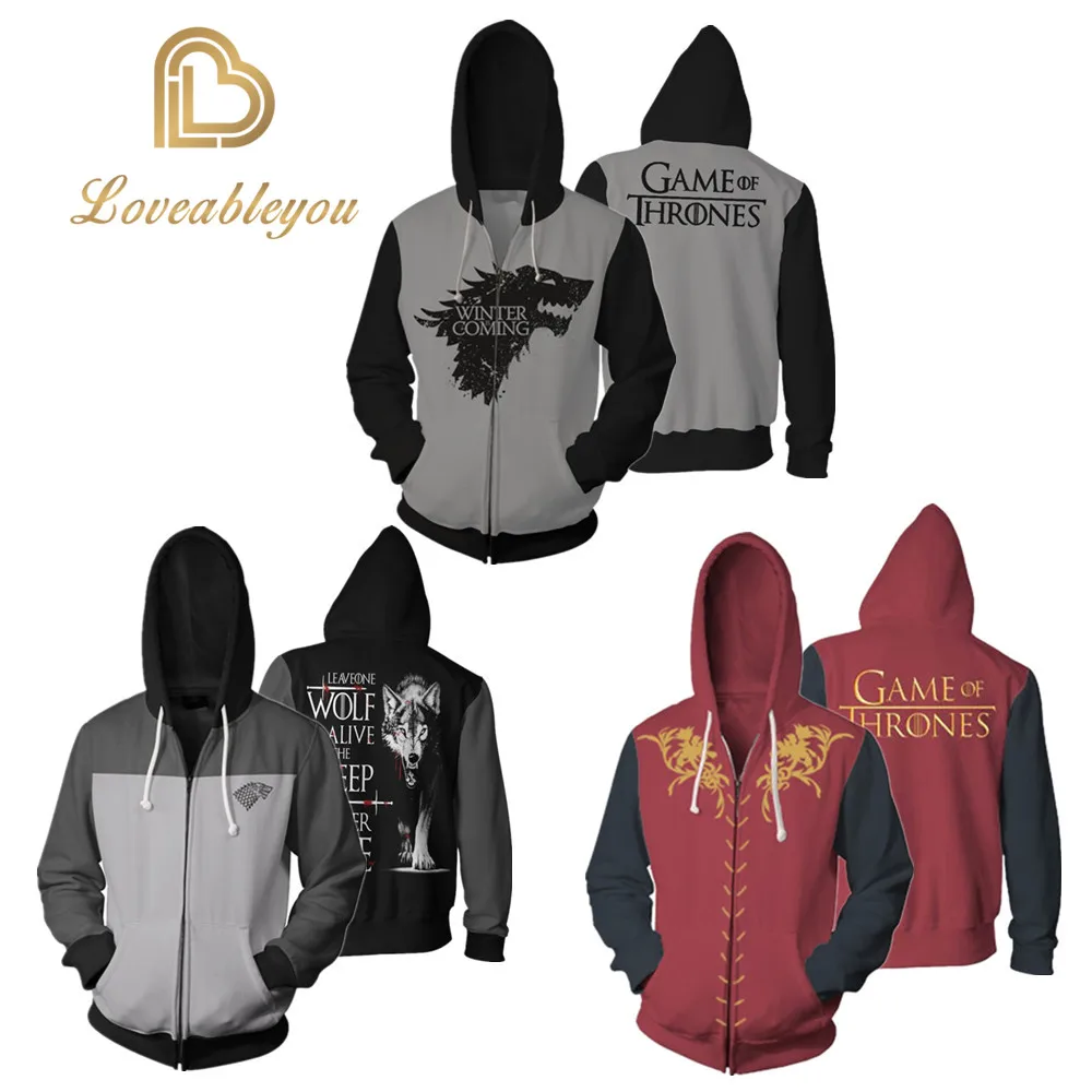 

Game of Thrones Zipper Dragon Wolf Cool Printing Zipper Hoodies Cosplay Costumes Hoodie Man Tracksuit Casual Sportswear