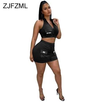 

Letter Print Sexy Two Piece Set Summer Clothes For Women Deep V Neck Sleeveless Crop Top And Bodycon Mini Skirts Matching Suits