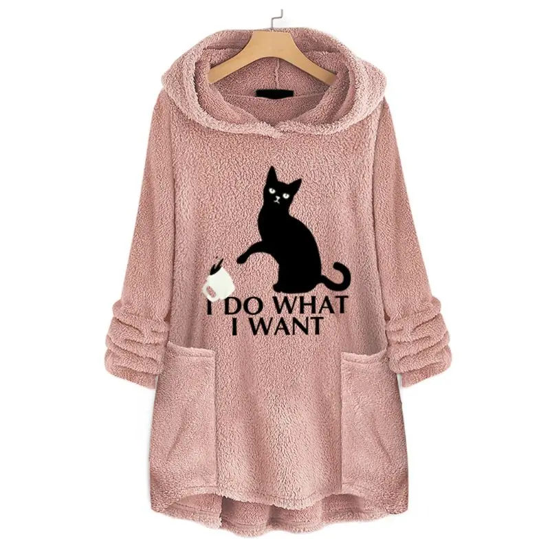 Womens Plus Size Winter Thicken Plush Hooded Sweatshirt Cute Lazy Cat Cartoon Printed Loose Asymmetric Hem Tunic Tops M-5XL