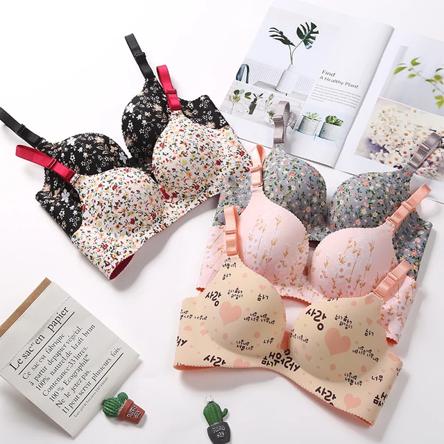 Women Flower Print Seamless Bra Sexy Lingerie Floral Push Up Bras One-Piece Underwear 2