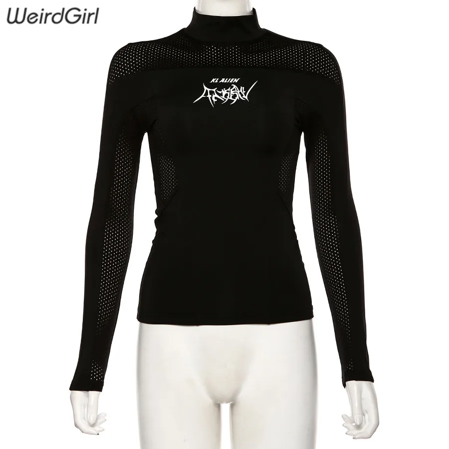 Weirdgirl, женские повседневные футболки для фитнеса, длинный рукав, буквенный принт, растягивается, ткань, пэчворк, тонкая водолазка, футболки, осенняя одежда
