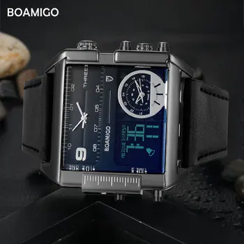 BOAMIGO brand men sports watches 3 time zone big man fashion military LED watch leather quartz wristwatches relogio masculino 2