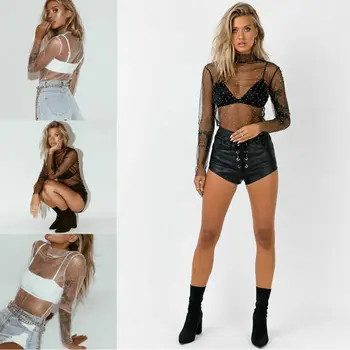 

Transparent Sequins Tee Top Women Short Sleeve Flower Mesh Sheer Top Female Top Women Club