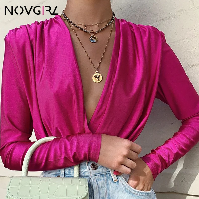 Novgirl сексуальный сатиновый костюм с глубоким v-образным вырезом для женщин, осень, модный Свободный комбинезон с длинным рукавом, повседневный уличная одежда, комбинезон, комбинезоны