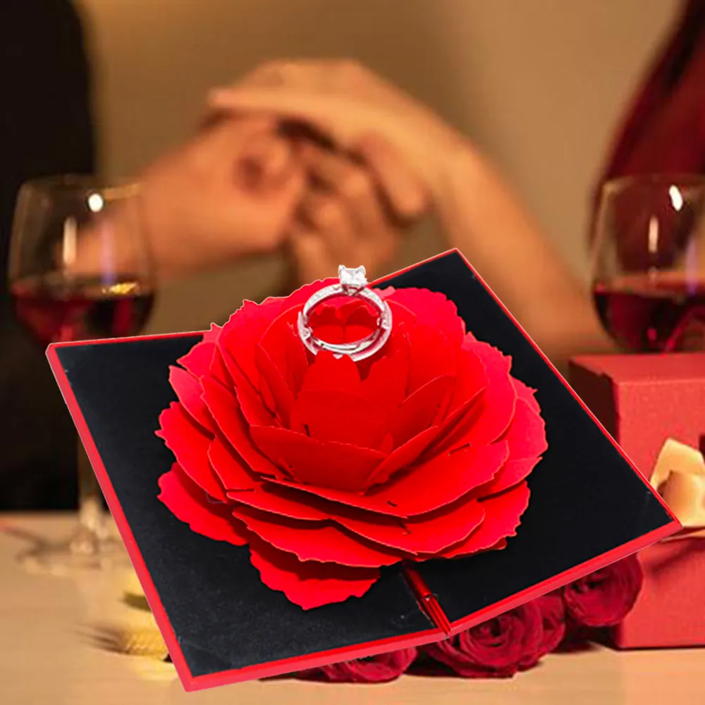 3D Pop Up Rose Ring Box Wedding Engagement Valentine Jewelry Gifts Holder Case 
