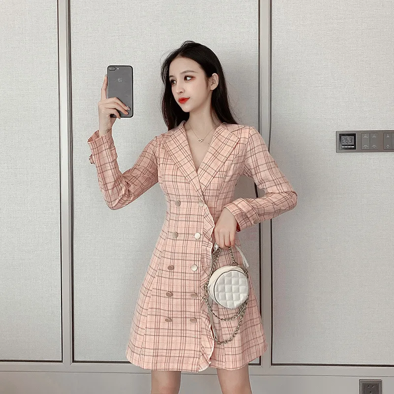 

2019 Autumn And Winter New Style Korean-style Slim Fit Slimming Mid-length Network Red Plaid Double Breasted Suit Jacket Dress W