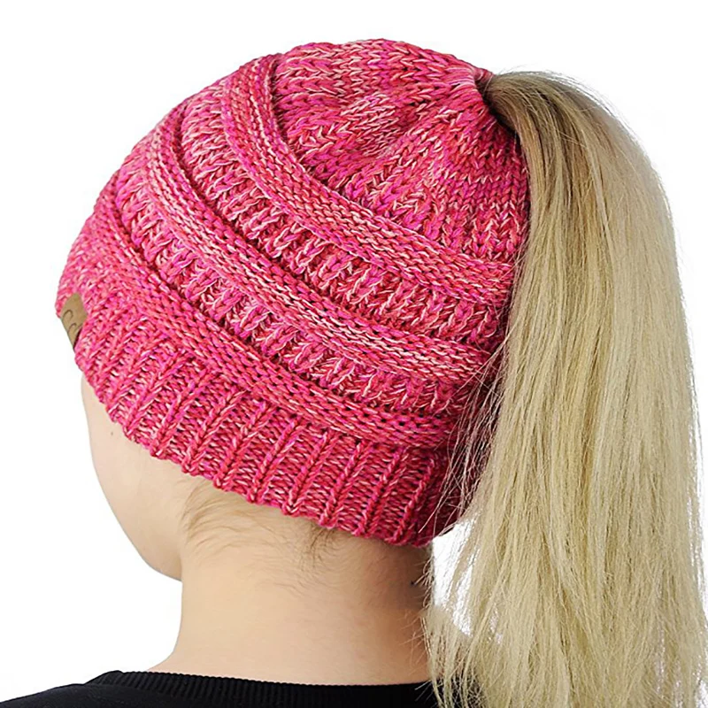Women Ponytail Hat Skull Stretch Knitted Crochet Beanie Tail Messy Soft Winter Hats For Women Cap  Warm Lady Messy Bun Hats
