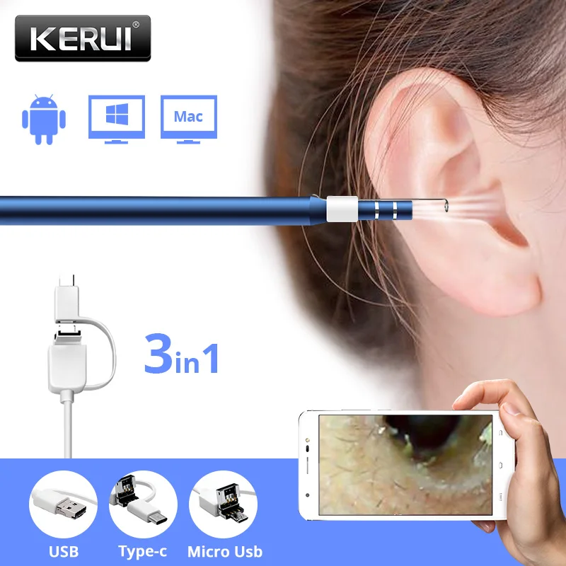 Визуальный эндоскоп KERUI для чистки ушей 420P 720P HD Бороскоп USB мини камера Android