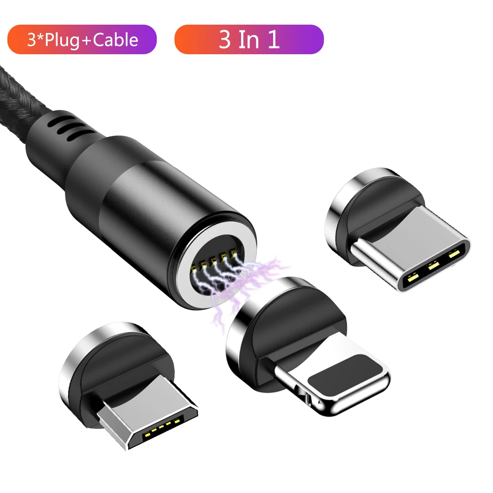 Магнитный Micro USB кабель для iPhone samsung Xiaomi 3A Быстрая зарядка данных провод шнур магнитное зарядное устройство usb type C кабель для мобильного телефона - Цвет: Black Cable 3 Plug