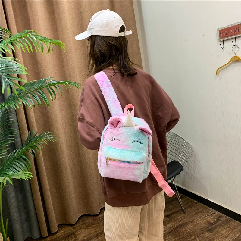 

New Style WOMEN'S Bag 2019 Autumn And Winter New Style Cute Adorable Unicorn Velvet Backpack Colorful Children Shoulder School B