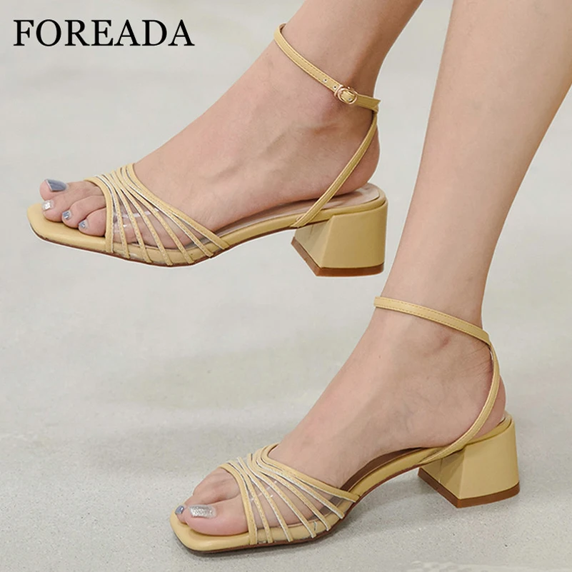 

FOREADA Woman Transparent Med Heels Ankle Strap Sandals Fashion Square Toe Summer Shoes Thick Heel Sandals Dress Female Footwear
