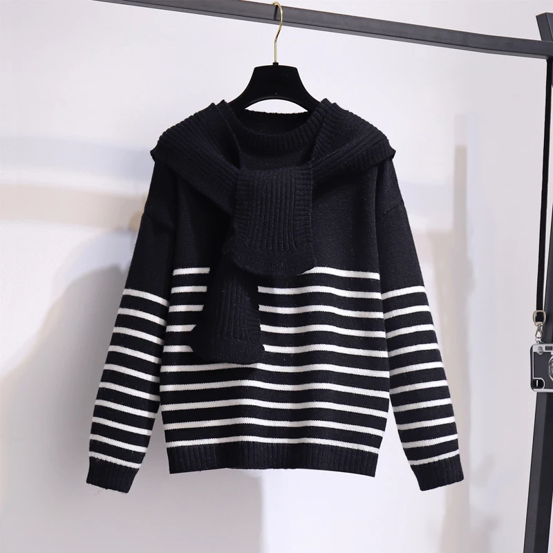 

Women Autumn Winter New Plus Size Sweaters Striped Japan Style Loose Causal Knit Tops Female Pullovers Fake Two Piece GX1231
