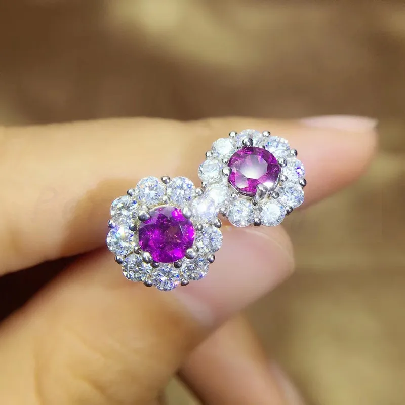Натуральный настоящий аметист серьги-гвоздики 0.7ct* 2 шт драгоценный камень Серебро 925 пробы для мужчин или женщин# Q910182